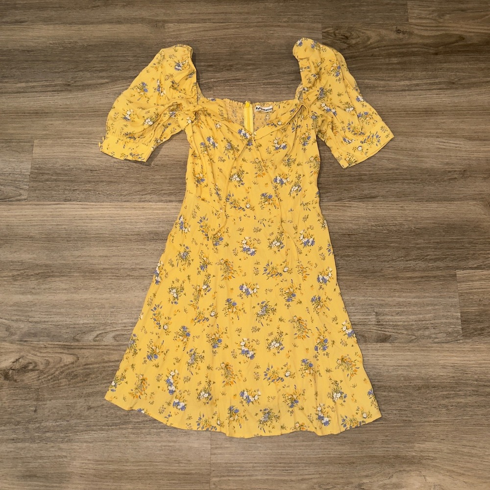 Reformation Lillet Mini Yellow Dress Floral Puff Sleeve Size Small